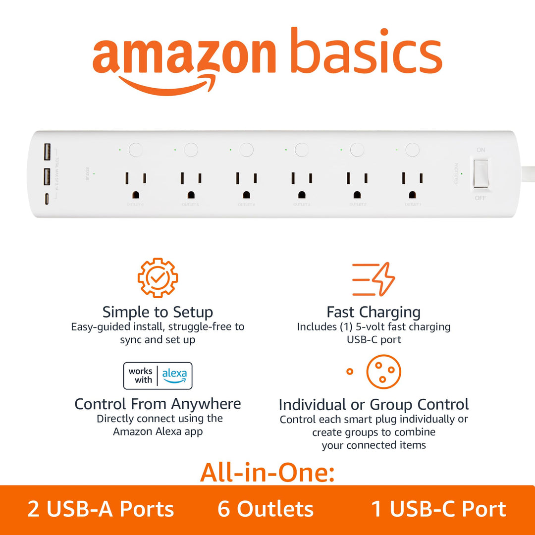 Amazon Basics Smart Plug Power Strip with 3 Individually Controlled Outlets and 2 USB Ports (1 USB-A and 1 USB-C), Works with Alexa Only, 2.4 GHz Wi-Fi, No Hub Required, White - DOKUTRONIX