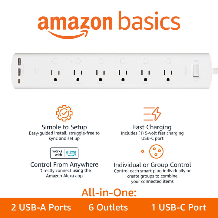 Amazon Basics Smart Plug Power Strip with 3 Individually Controlled Outlets and 2 USB Ports (1 USB-A and 1 USB-C), Works with Alexa Only, 2.4 GHz Wi-Fi, No Hub Required, White - DOKUTRONIX