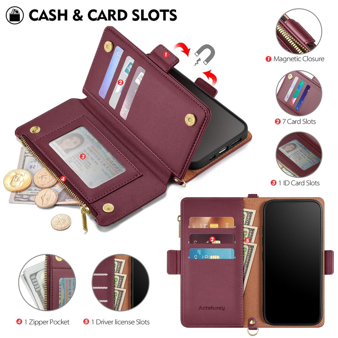 Antsturdy iPhone 16 Pro Wallet Case - Wine Red Elegance - DOKUTRONIX