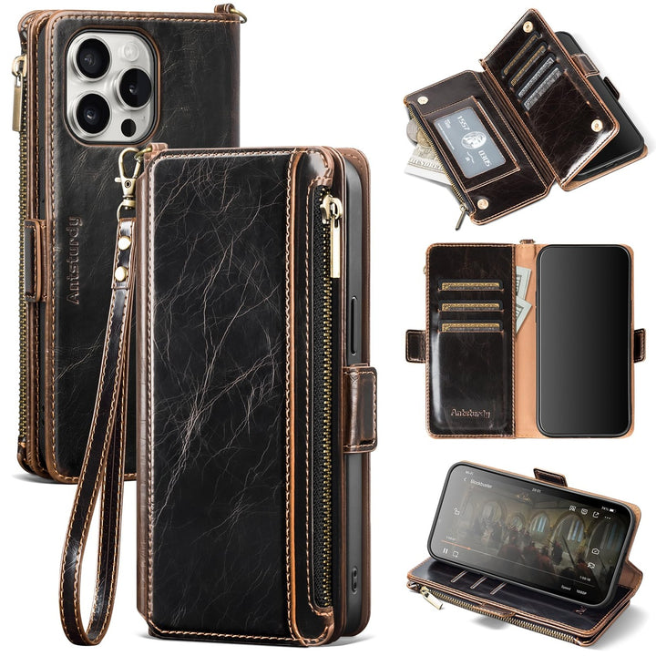 Antsturdy iPhone 16 Pro Wallet Case - Wine Red Elegance - DOKUTRONIX