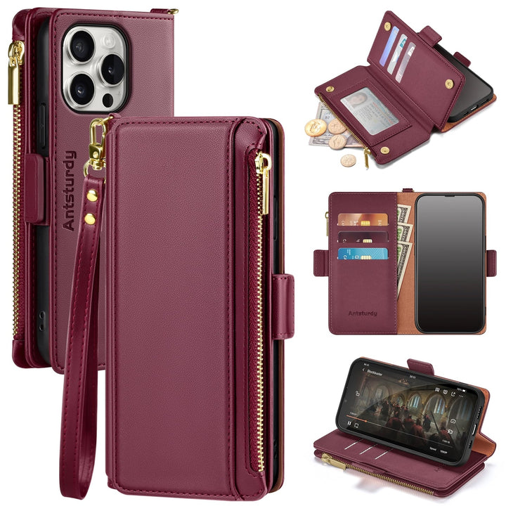 Antsturdy iPhone 16 Pro Wallet Case - Wine Red Elegance - DOKUTRONIX