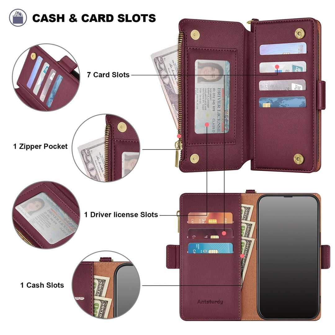 Antsturdy iPhone 16 Pro Wallet Case - Wine Red Elegance - DOKUTRONIX