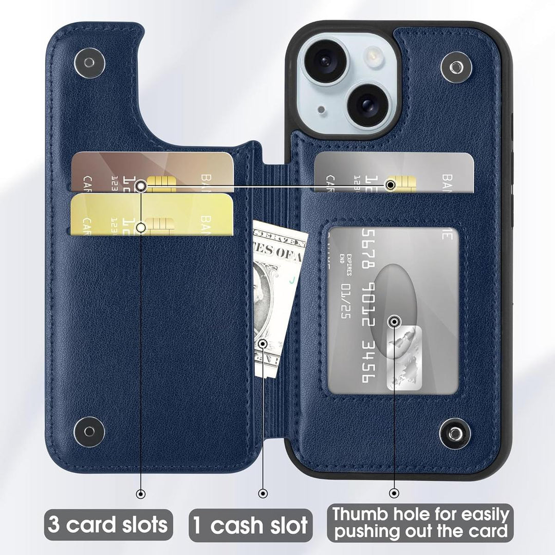 Arae Blue Leather Wallet Case for iPhone 15 Pro - DOKUTRONIX