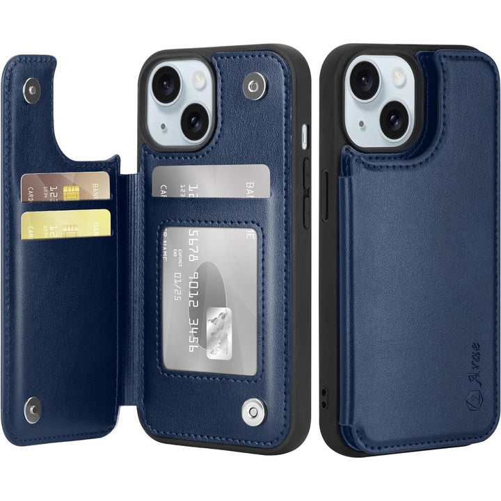 Arae Blue Leather Wallet Case for iPhone 15 Pro - DOKUTRONIX
