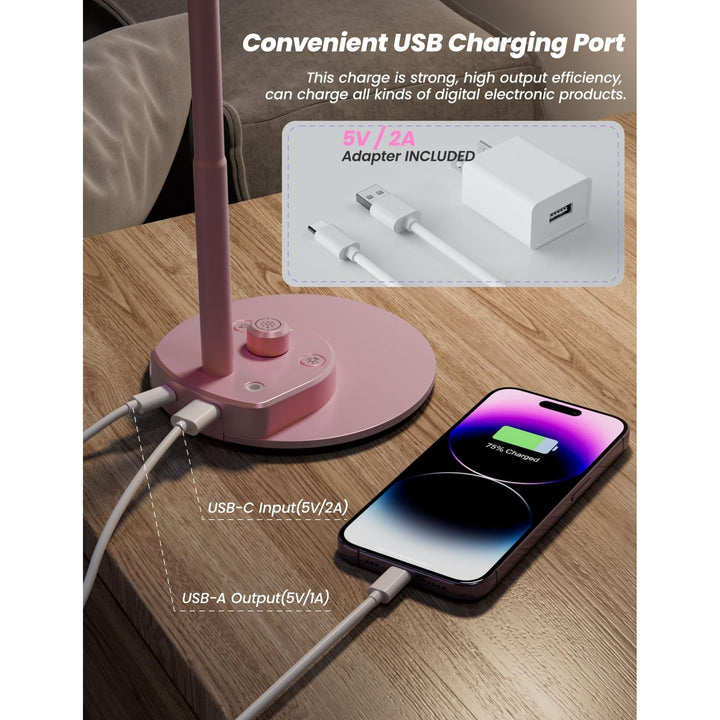 BOHON Pink LED Desk Lamp with USB & 3 Color Modes - DOKUTRONIX