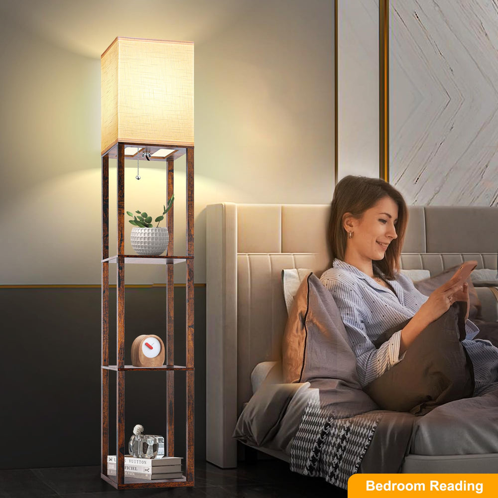 Brown Shelf Floor Lamp with LED & Linen Shade - DOKUTRONIX