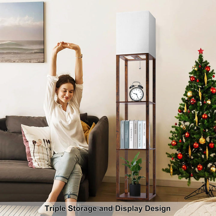 Brown Shelf Floor Lamp with LED & Linen Shade - DOKUTRONIX