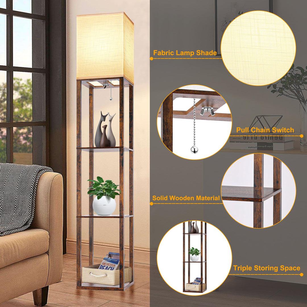 Brown Shelf Floor Lamp with LED & Linen Shade - DOKUTRONIX