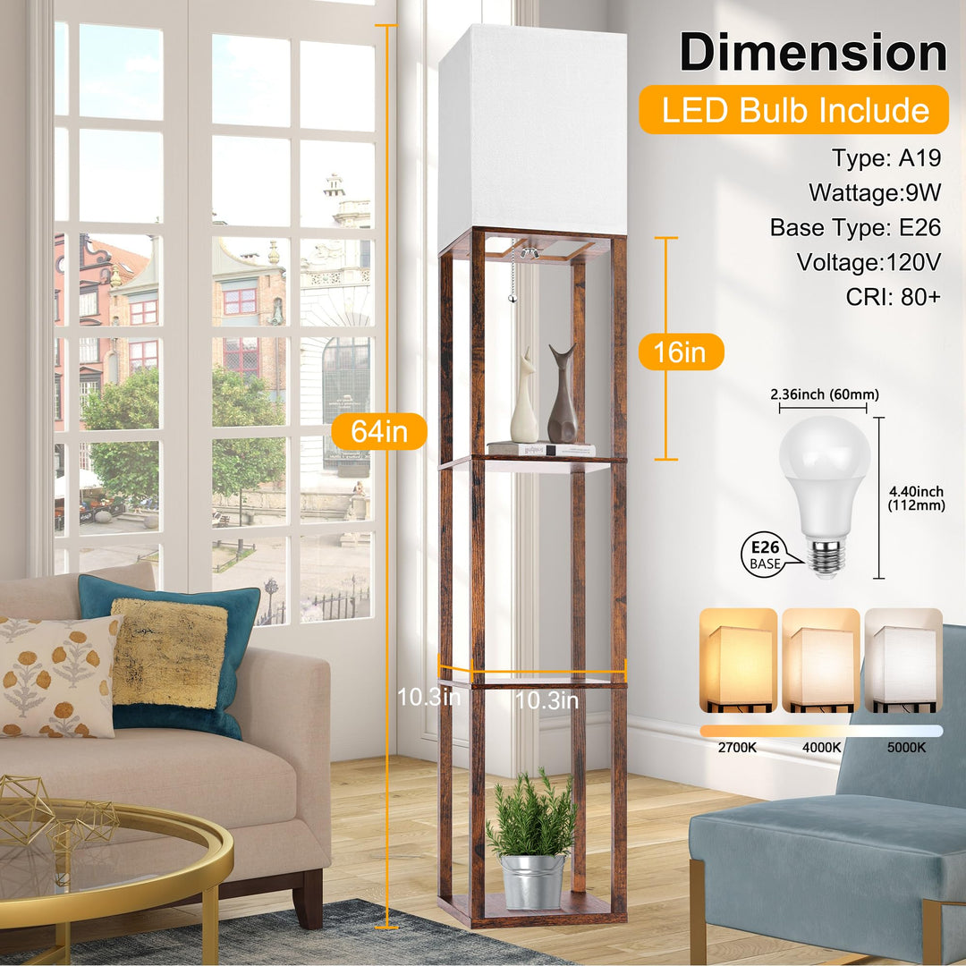 Brown Shelf Floor Lamp with LED & Linen Shade - DOKUTRONIX