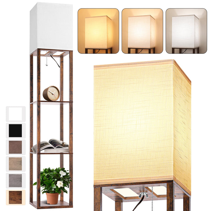Brown Shelf Floor Lamp with LED & Linen Shade - DOKUTRONIX