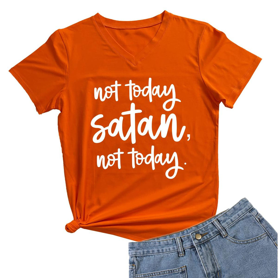Not Today Satan V-Neck Graphic Tee for Women - DOKUTRONIX