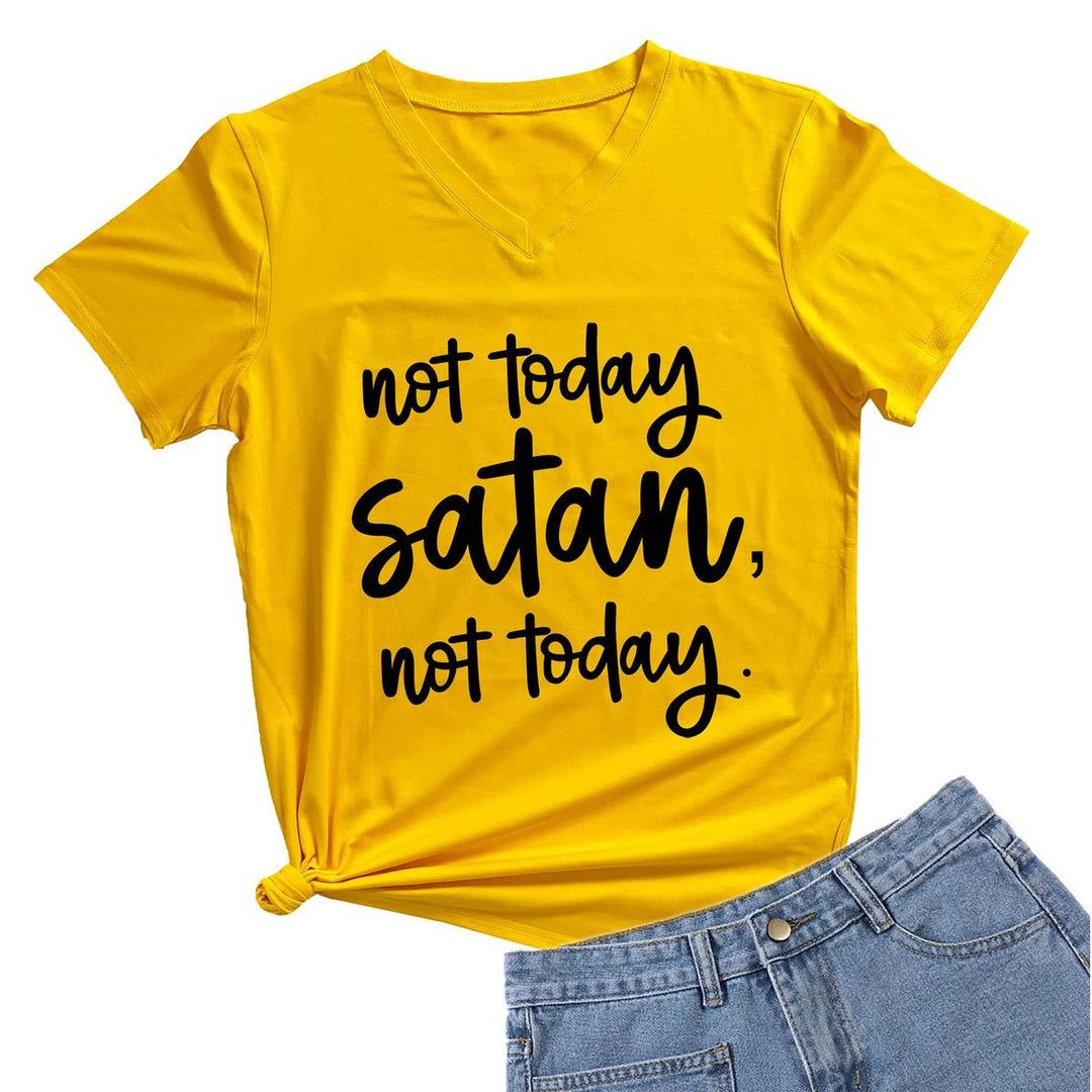 Not Today Satan V-Neck Graphic Tee for Women - DOKUTRONIX