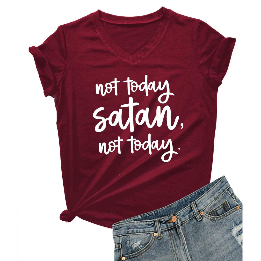 Not Today Satan V-Neck Graphic Tee for Women - DOKUTRONIX