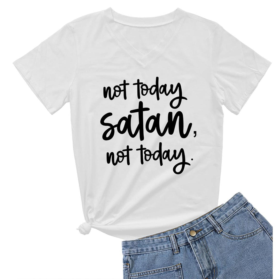 Not Today Satan V-Neck Graphic Tee for Women - DOKUTRONIX