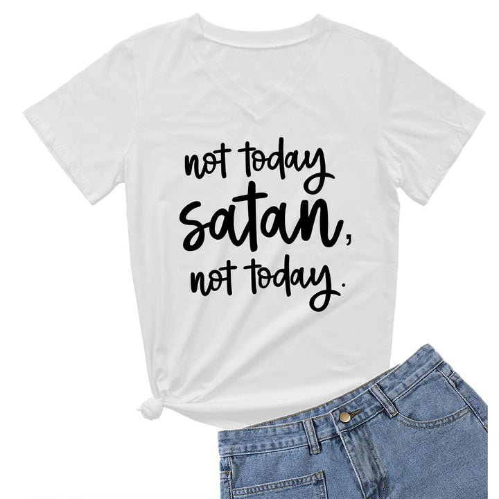 Not Today Satan V-Neck Graphic Tee for Women - DOKUTRONIX