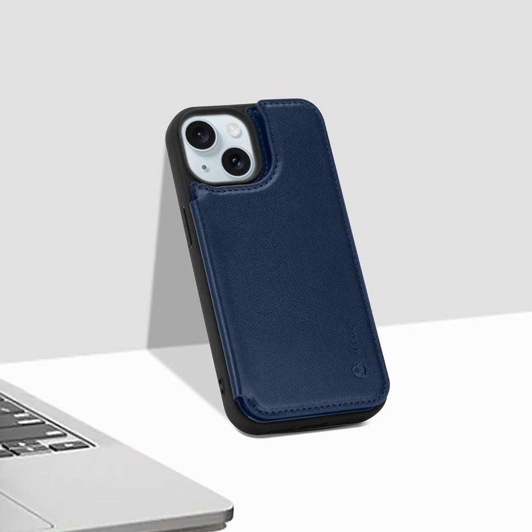 Arae Blue Leather Wallet Case for iPhone 15 Pro - DOKUTRONIX