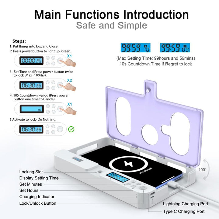 FocusLock: Portable Phone Timer Box (Purple) - DOKUTRONIX