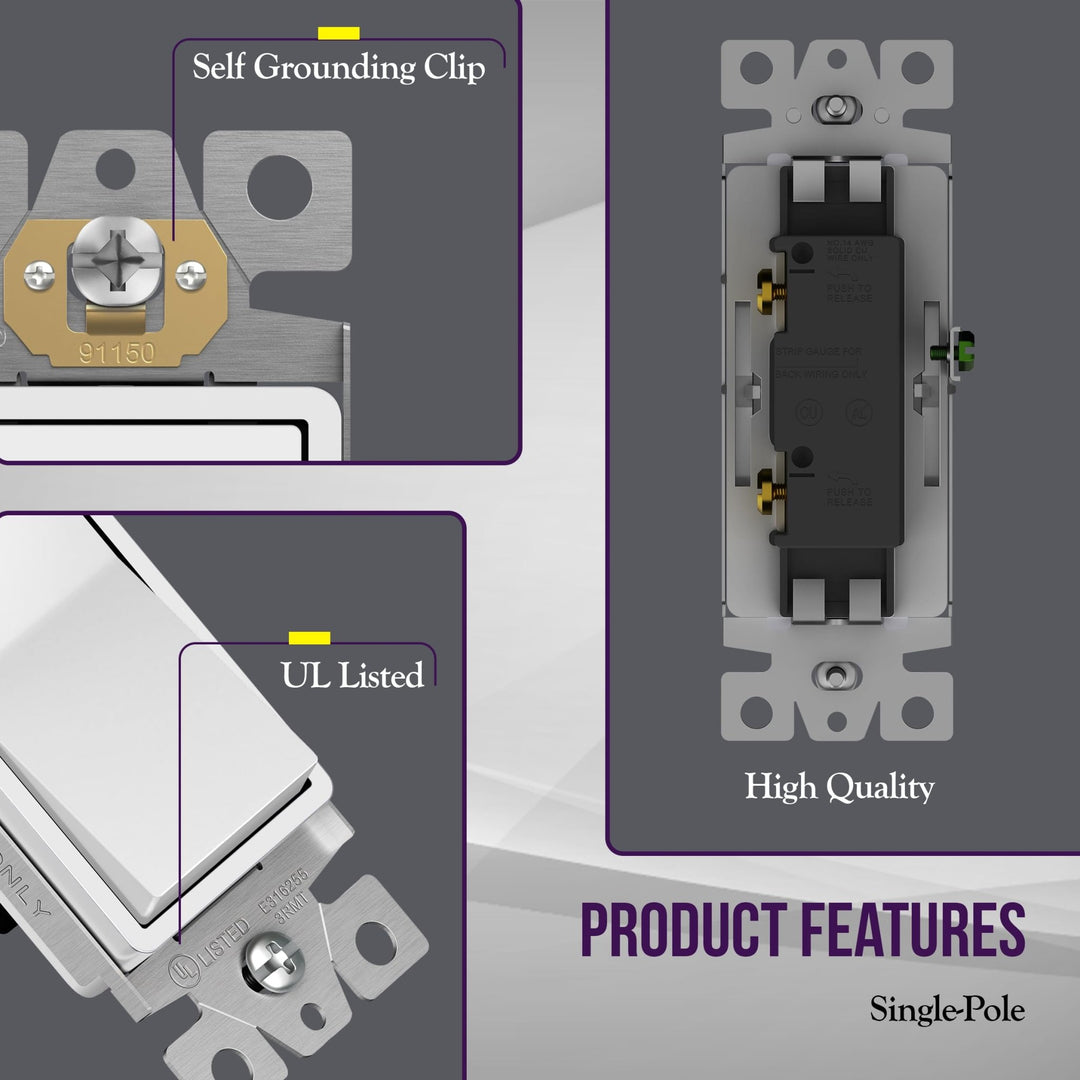ENERLITES Decorator Paddle Light Switch with Wall Plates, Wall Decor Switch, Single Pole, 3 Wire, Grounding Screw, Residential Grade, 15A 120V/277V, UL Listed, White - DOKUTRONIX