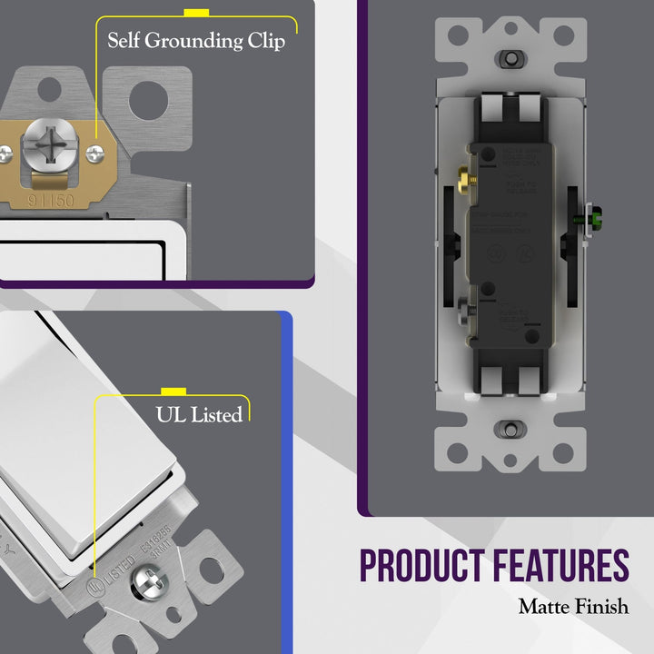 ENERLITES Decorator Paddle Light Switch with Wall Plates, Wall Decor Switch, Single Pole, 3 Wire, Grounding Screw, Residential Grade, 15A 120V/277V, UL Listed, White - DOKUTRONIX