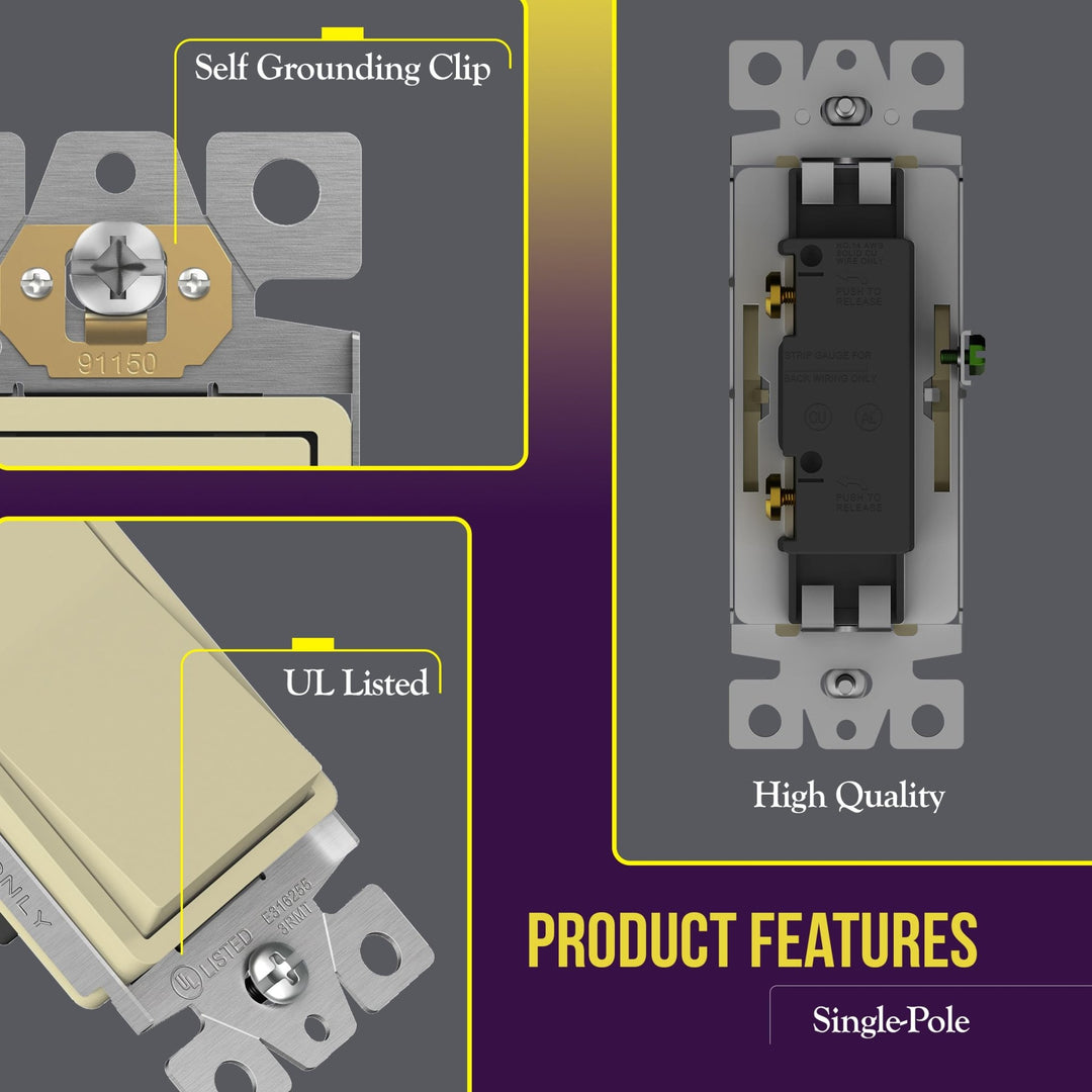 ENERLITES Decorator Paddle Light Switch with Wall Plates, Wall Decor Switch, Single Pole, 3 Wire, Grounding Screw, Residential Grade, 15A 120V/277V, UL Listed, White - DOKUTRONIX
