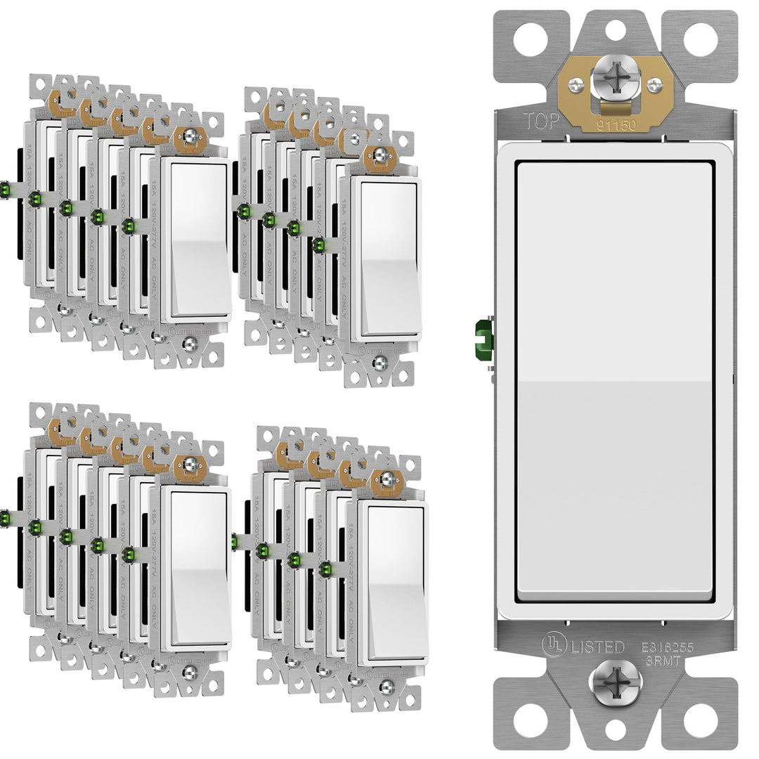 ENERLITES Decorator Paddle Light Switch with Wall Plates, Wall Decor Switch, Single Pole, 3 Wire, Grounding Screw, Residential Grade, 15A 120V/277V, UL Listed, White - DOKUTRONIX