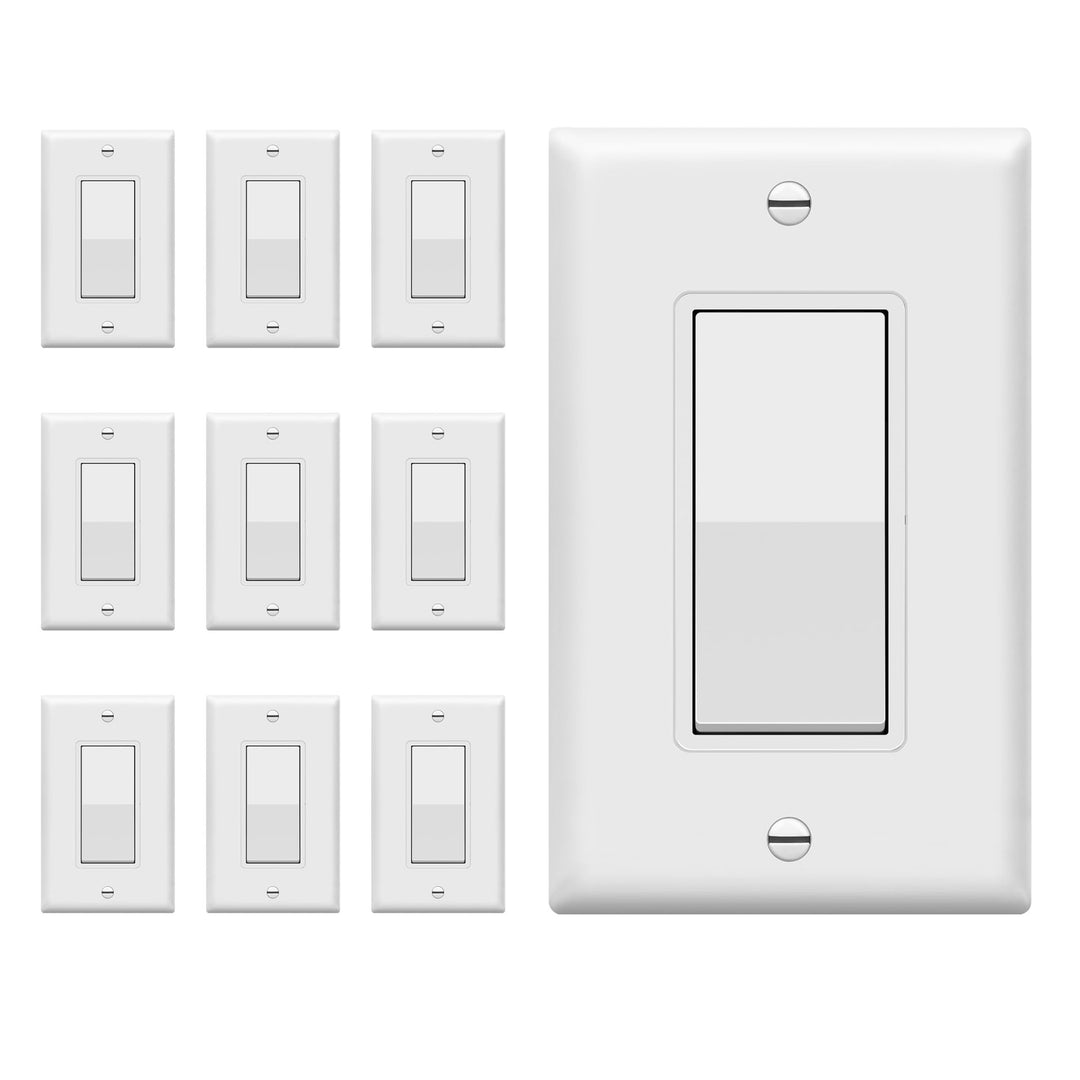 ENERLITES Decorator Paddle Light Switch with Wall Plates, Wall Decor Switch, Single Pole, 3 Wire, Grounding Screw, Residential Grade, 15A 120V/277V, UL Listed, White - DOKUTRONIX