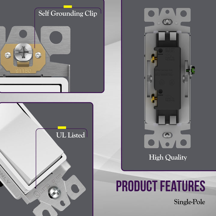 ENERLITES Decorator Paddle Light Switch with Wall Plates, Wall Decor Switch, Single Pole, 3 Wire, Grounding Screw, Residential Grade, 15A 120V/277V, UL Listed, White - DOKUTRONIX