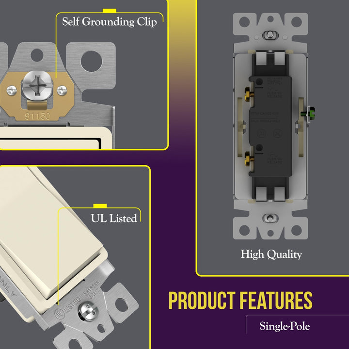 ENERLITES Decorator Paddle Light Switch with Wall Plates, Wall Decor Switch, Single Pole, 3 Wire, Grounding Screw, Residential Grade, 15A 120V/277V, UL Listed, White - DOKUTRONIX