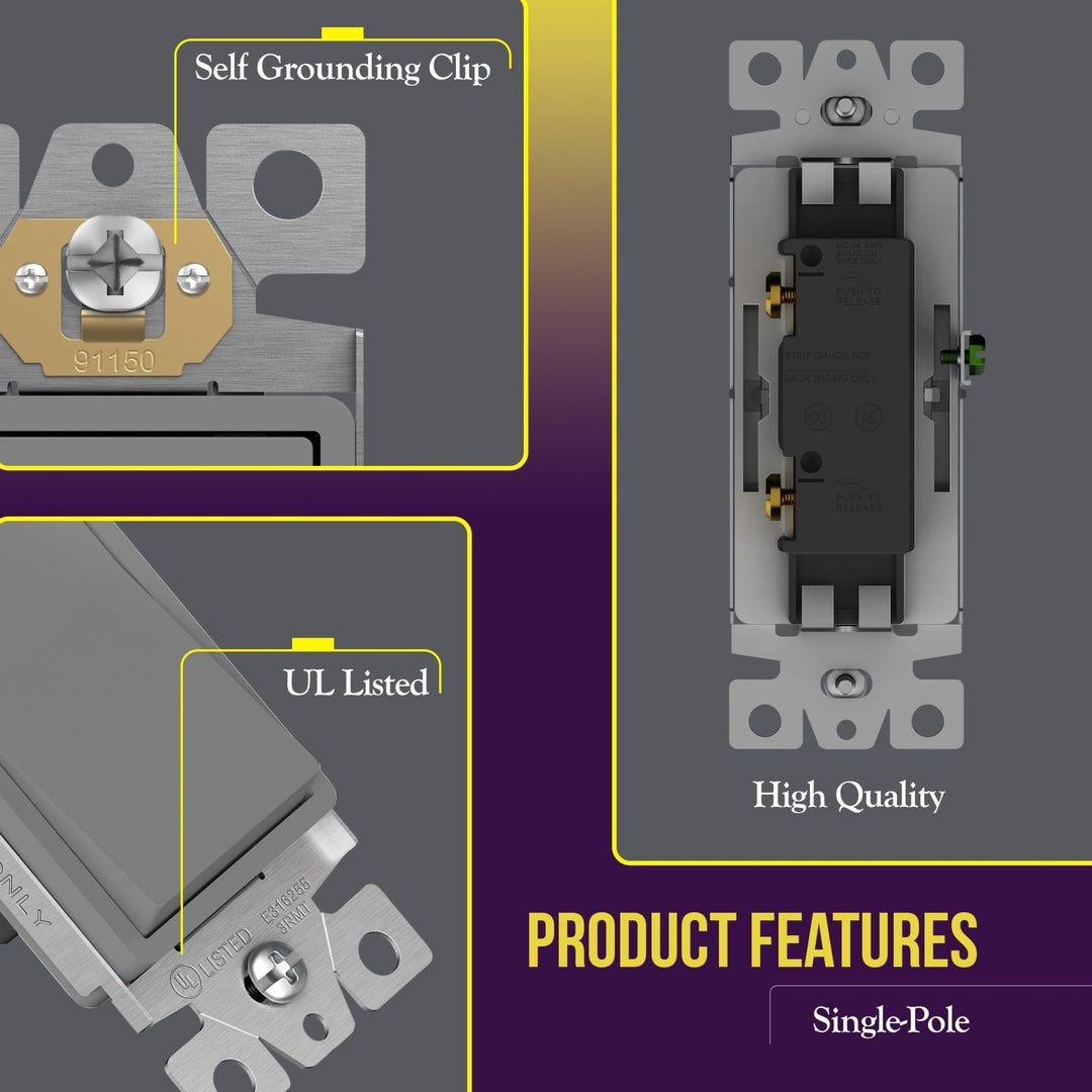 ENERLITES Decorator Paddle Light Switch with Wall Plates, Wall Decor Switch, Single Pole, 3 Wire, Grounding Screw, Residential Grade, 15A 120V/277V, UL Listed, White - DOKUTRONIX