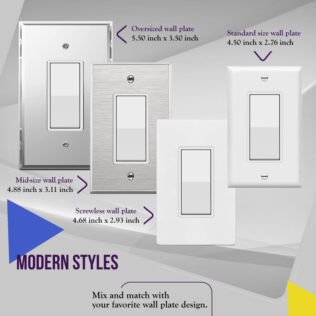 ENERLITES Decorator Paddle Light Switch with Wall Plates, Wall Decor Switch, Single Pole, 3 Wire, Grounding Screw, Residential Grade, 15A 120V/277V, UL Listed, White - DOKUTRONIX