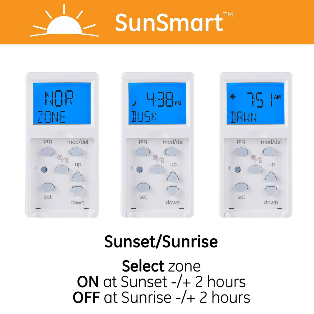 GE SunSmart Digital In-Wall Timer - Daily ON/OFF Times, Programmable Settings, Sunset/Sunrise Presets, Vacation Security - White & Almond Light, Fan, Heater Switch - 32787 - DOKUTRONIX