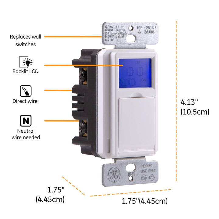 GE SunSmart Digital In-Wall Timer - Daily ON/OFF Times, Programmable Settings, Sunset/Sunrise Presets, Vacation Security - White & Almond Light, Fan, Heater Switch - 32787 - DOKUTRONIX