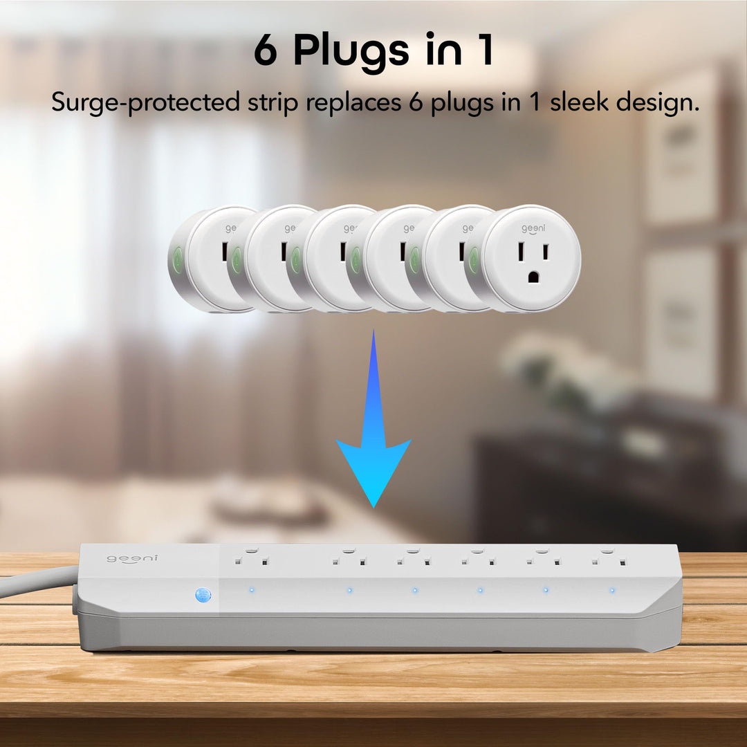 Geeni Smart Surge Protector 6-Outlet Power Strip – Wi-Fi Enabled with Voice Control (Alexa, Google Assistant), Surge Protection, 3ft Extension Cord, Remote Access - DOKUTRONIX