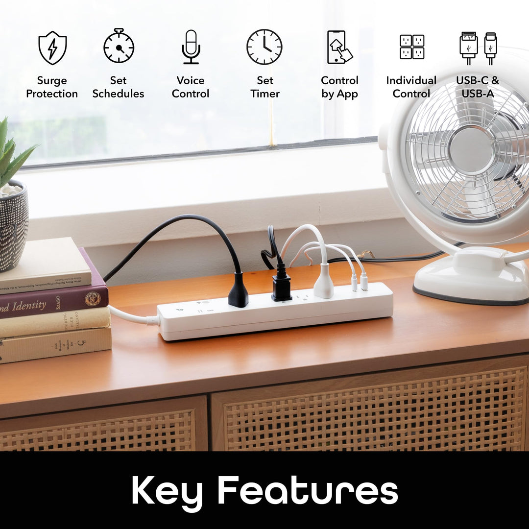 Geeni Smart Surge Protector 6-Outlet Power Strip – Wi-Fi Enabled with Voice Control (Alexa, Google Assistant), Surge Protection, 3ft Extension Cord, Remote Access - DOKUTRONIX