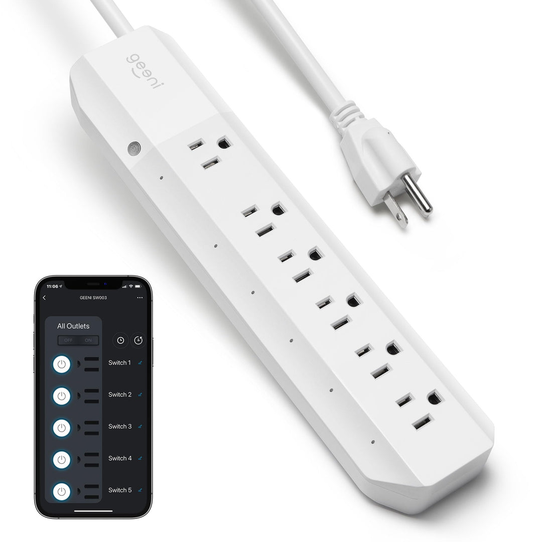 Geeni Smart Surge Protector 6-Outlet Power Strip – Wi-Fi Enabled with Voice Control (Alexa, Google Assistant), Surge Protection, 3ft Extension Cord, Remote Access - DOKUTRONIX