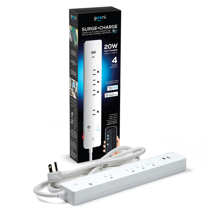 Geeni Smart Surge Protector 6-Outlet Power Strip – Wi-Fi Enabled with Voice Control (Alexa, Google Assistant), Surge Protection, 3ft Extension Cord, Remote Access - DOKUTRONIX