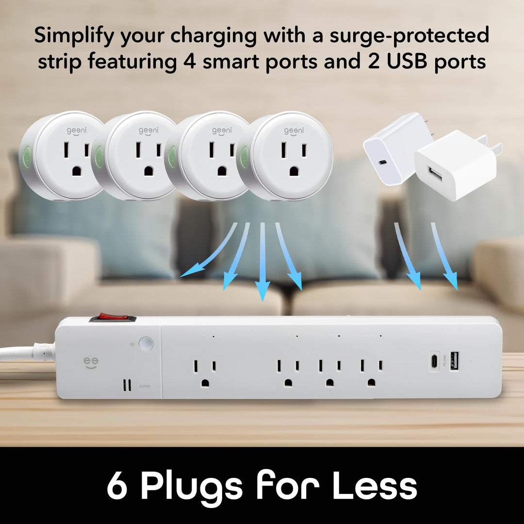 Geeni Smart Surge Protector 6-Outlet Power Strip – Wi-Fi Enabled with Voice Control (Alexa, Google Assistant), Surge Protection, 3ft Extension Cord, Remote Access - DOKUTRONIX