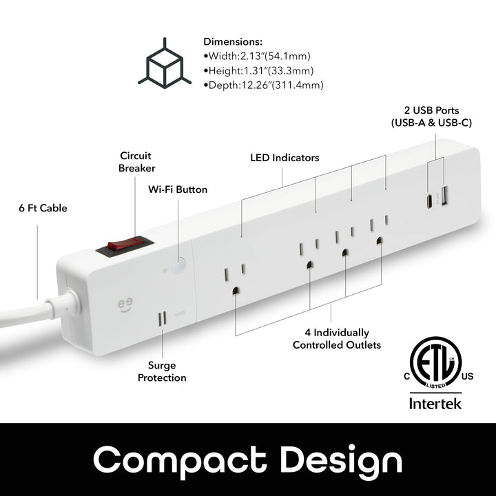 Geeni Smart Surge Protector 6-Outlet Power Strip – Wi-Fi Enabled with Voice Control (Alexa, Google Assistant), Surge Protection, 3ft Extension Cord, Remote Access - DOKUTRONIX