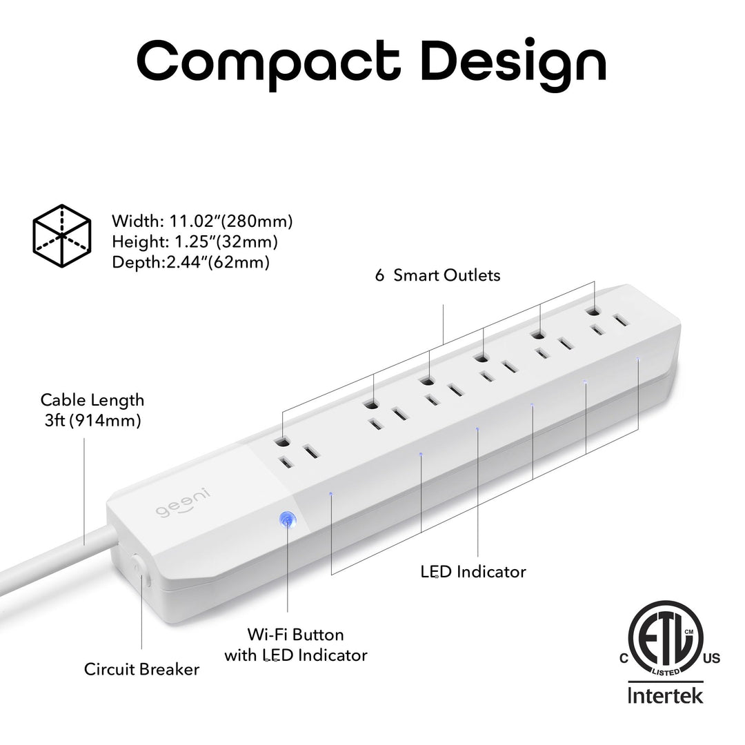 Geeni Smart Surge Protector 6-Outlet Power Strip – Wi-Fi Enabled with Voice Control (Alexa, Google Assistant), Surge Protection, 3ft Extension Cord, Remote Access - DOKUTRONIX