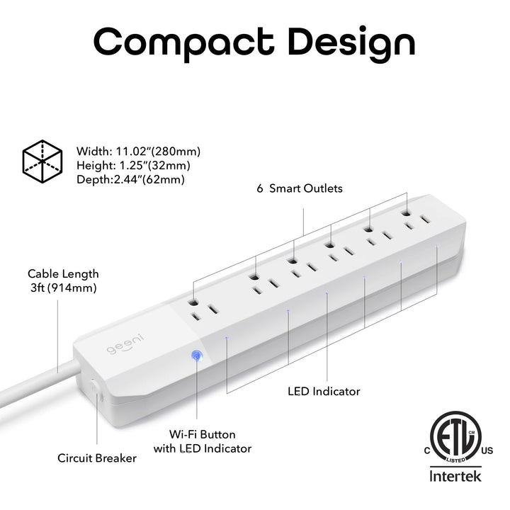 Geeni Smart Surge Protector 6-Outlet Power Strip – Wi-Fi Enabled with Voice Control (Alexa, Google Assistant), Surge Protection, 3ft Extension Cord, Remote Access - DOKUTRONIX