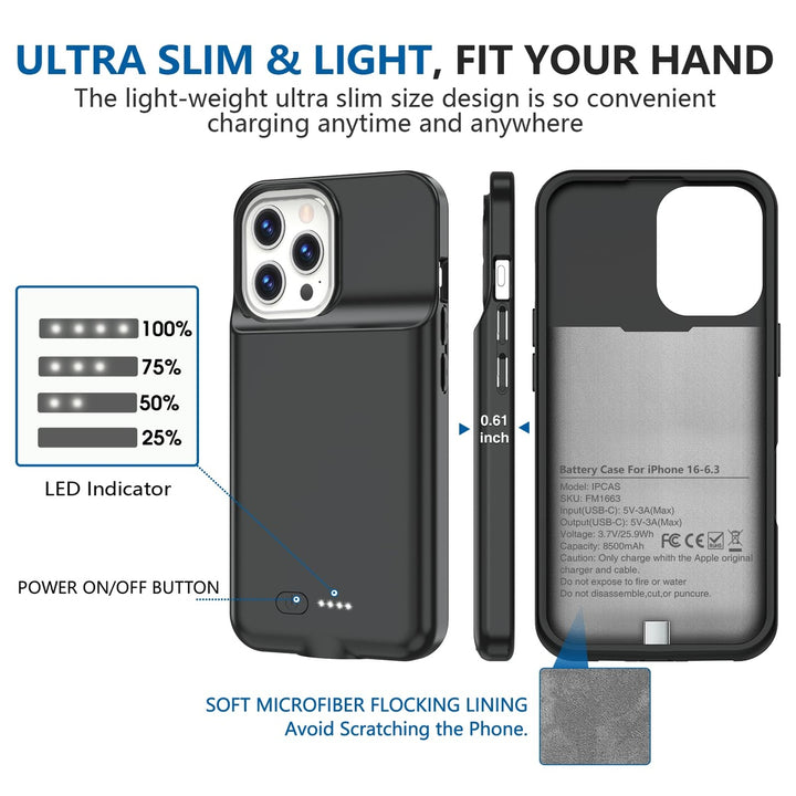 iPhone 16 Pro Max Slim Power Case 8500mAh Black - DOKUTRONIX