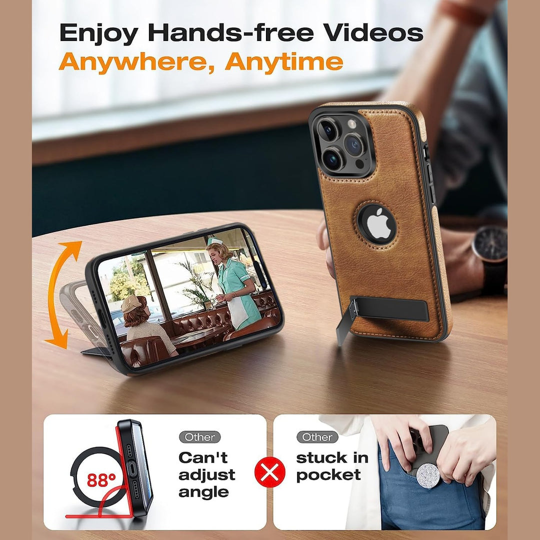 iPhone 16 Pro Max Brown Leather MagSafe Case with Kickstand - DOKUTRONIX