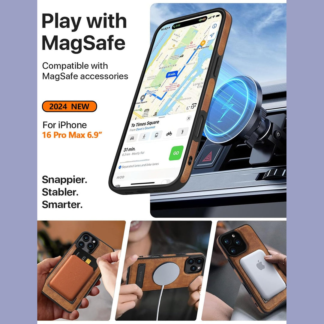 iPhone 16 Pro Max Brown Leather MagSafe Case with Kickstand - DOKUTRONIX