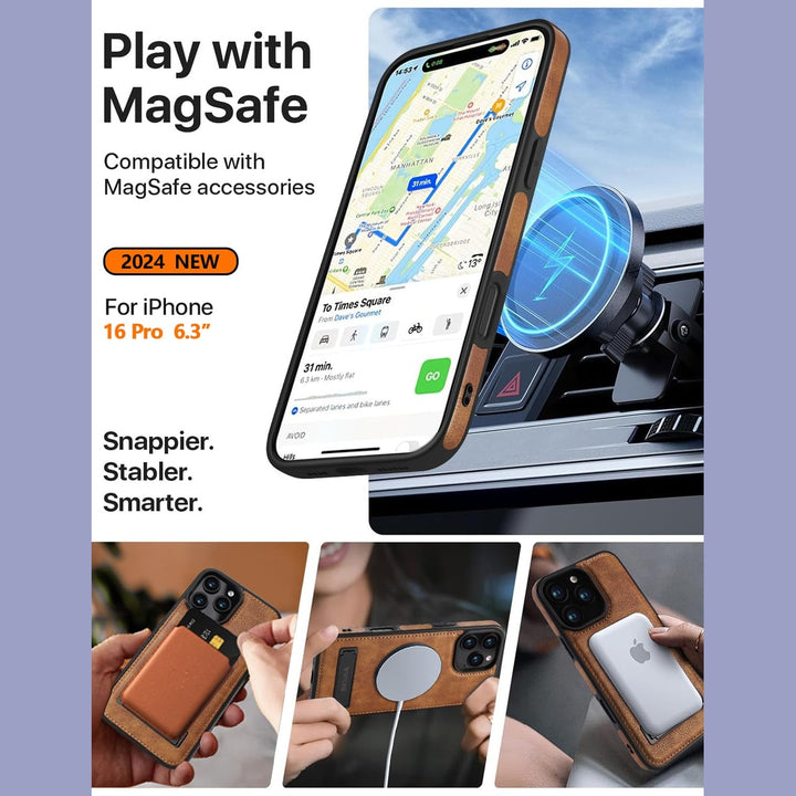 iPhone 16 Pro Max Brown Leather MagSafe Case with Kickstand - DOKUTRONIX