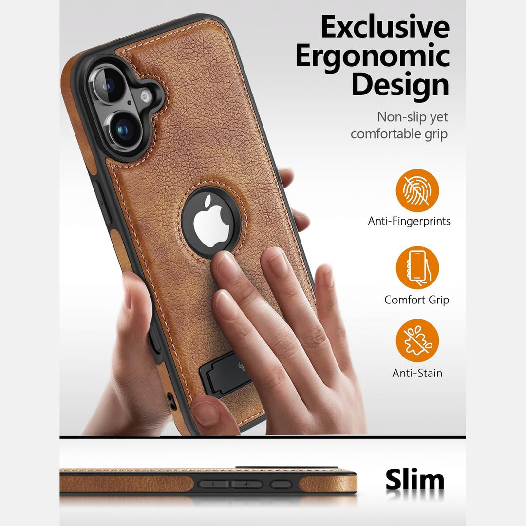 iPhone 16 Pro Max Brown Leather MagSafe Case with Kickstand - DOKUTRONIX