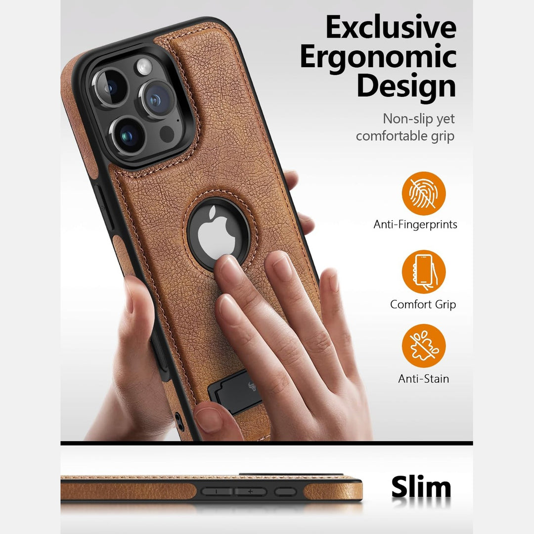 iPhone 16 Pro Max Brown Leather MagSafe Case with Kickstand - DOKUTRONIX