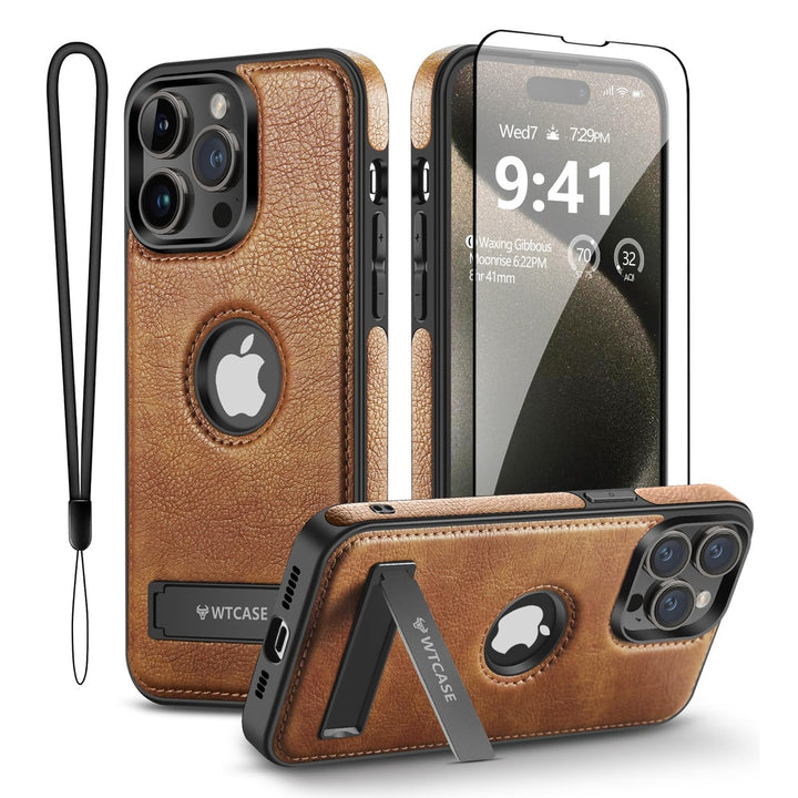 iPhone 16 Pro Max Brown Leather MagSafe Case with Kickstand - DOKUTRONIX