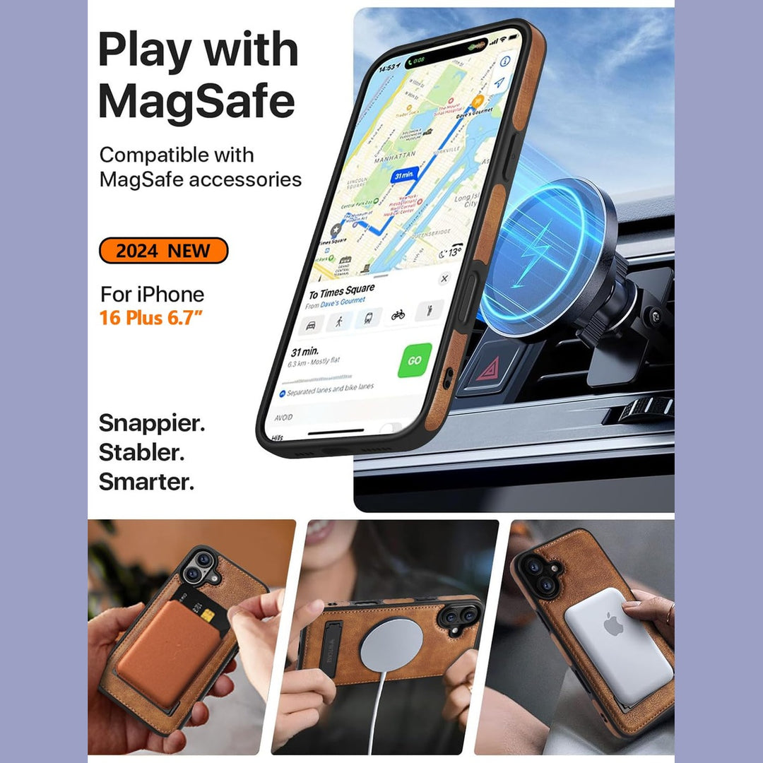 iPhone 16 Pro Max Brown Leather MagSafe Case with Kickstand - DOKUTRONIX