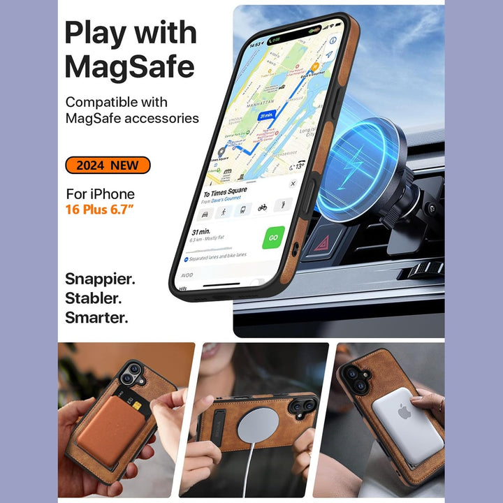 iPhone 16 Pro Max Brown Leather MagSafe Case with Kickstand - DOKUTRONIX