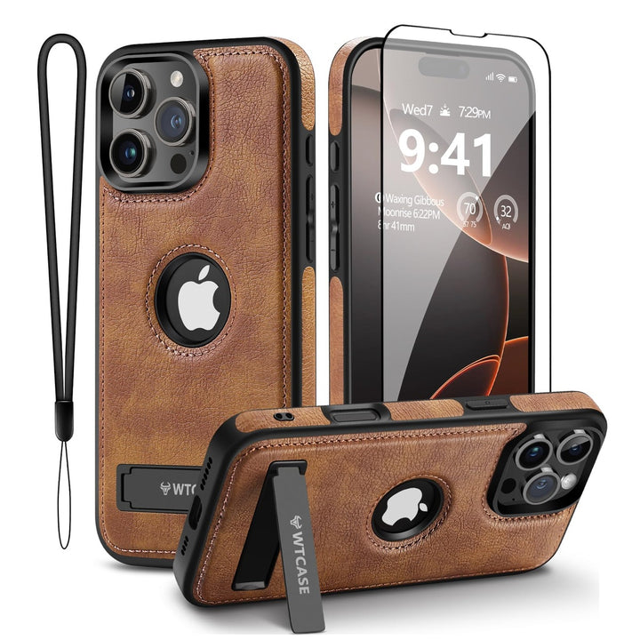 iPhone 16 Pro Max Brown Leather MagSafe Case with Kickstand - DOKUTRONIX